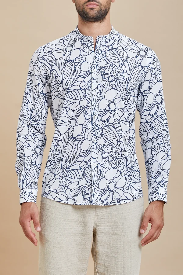 CAMICIA collo coreana tess.lino/cotone stamp. ML – UKE5816