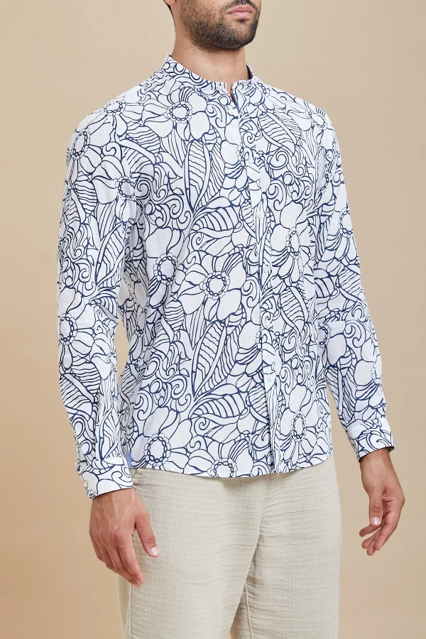 CAMICIA collo coreana tess.lino/cotone stamp. ML – UKE5816