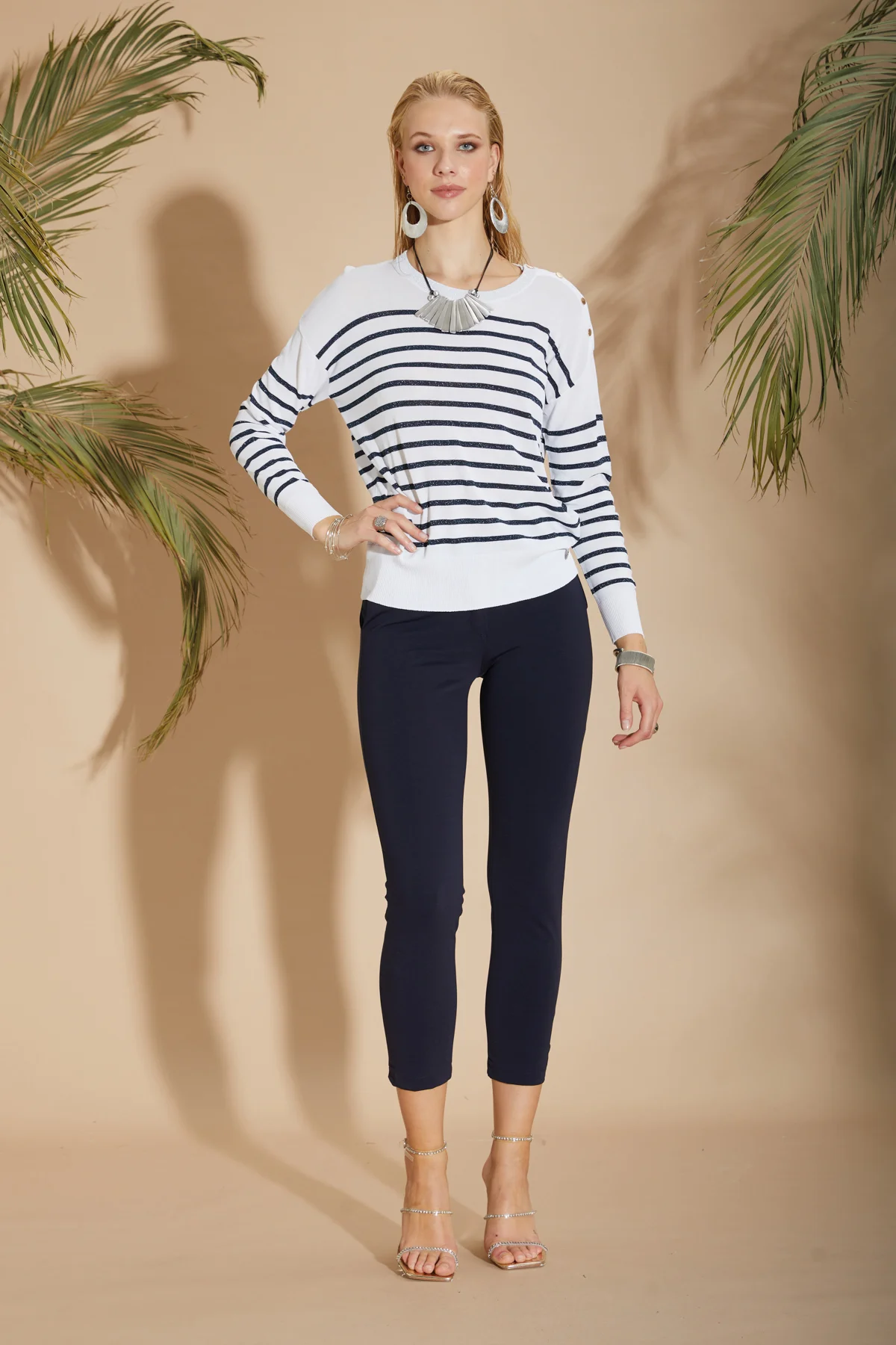 MAGLIA girocollo bottoni e righe in lurex - DKE6029