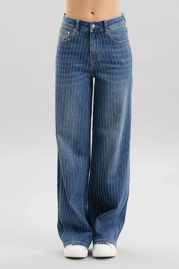 ELISA-DENIM WIDE LEG CON RIGHE STRASS – DT01600